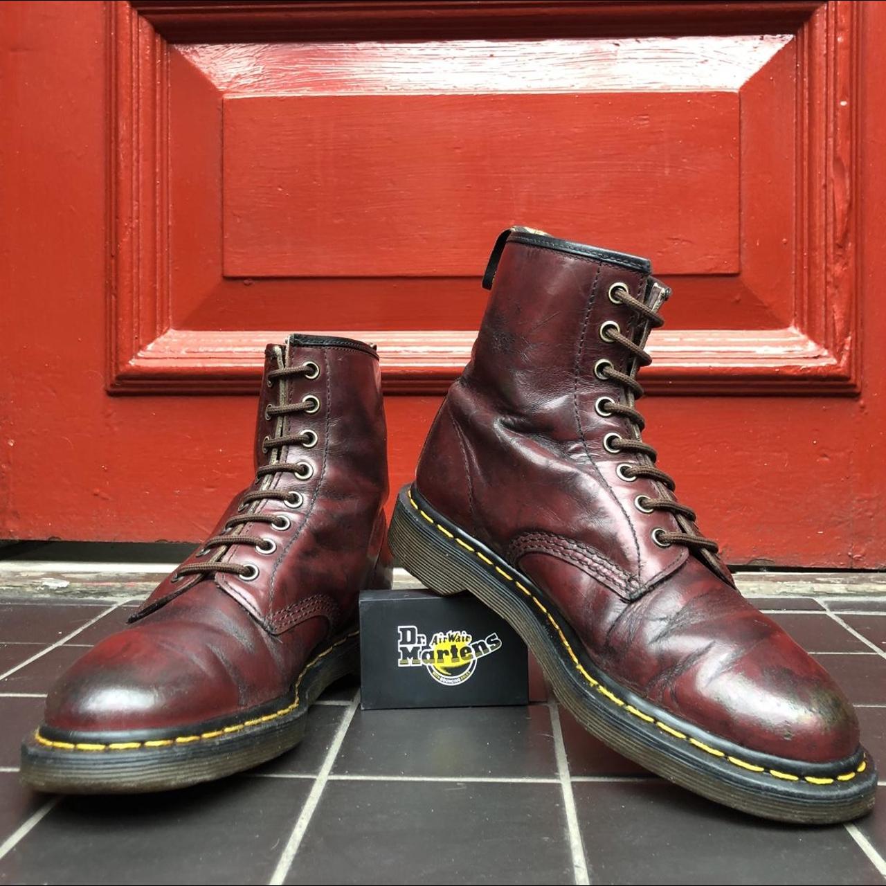 Dr. Martens Women's Burgundy and Black Boots | Depop