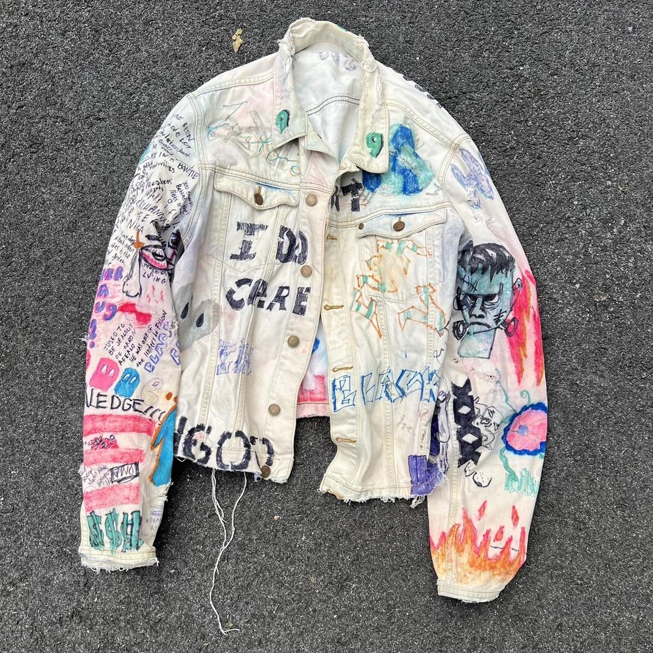 Hand drawn battle jacket Denim jacket Woman’s medium - Depop