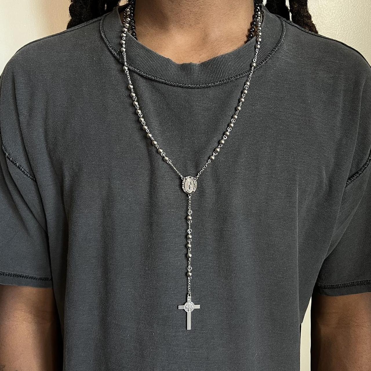 Mens silver clearance rosary necklace