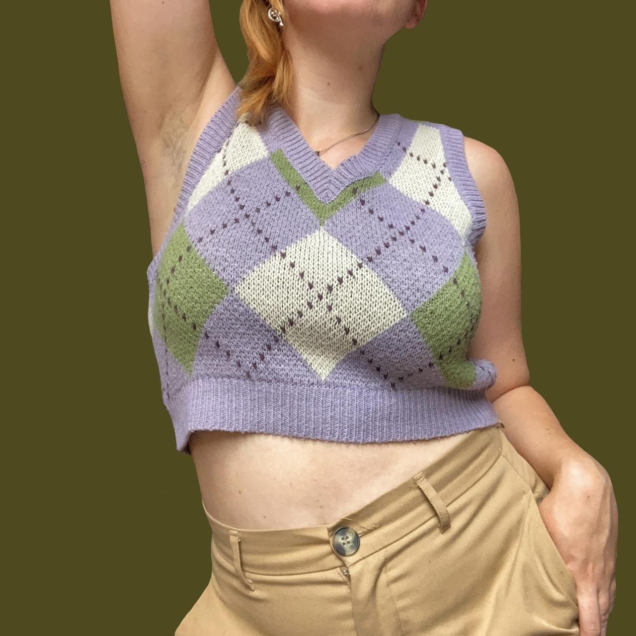 Lavender and green argyle knit sweater