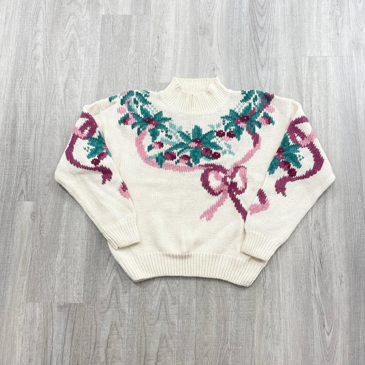 VINTAGE 90s NINON Hand Knit Flower Floral Sweater... - Depop