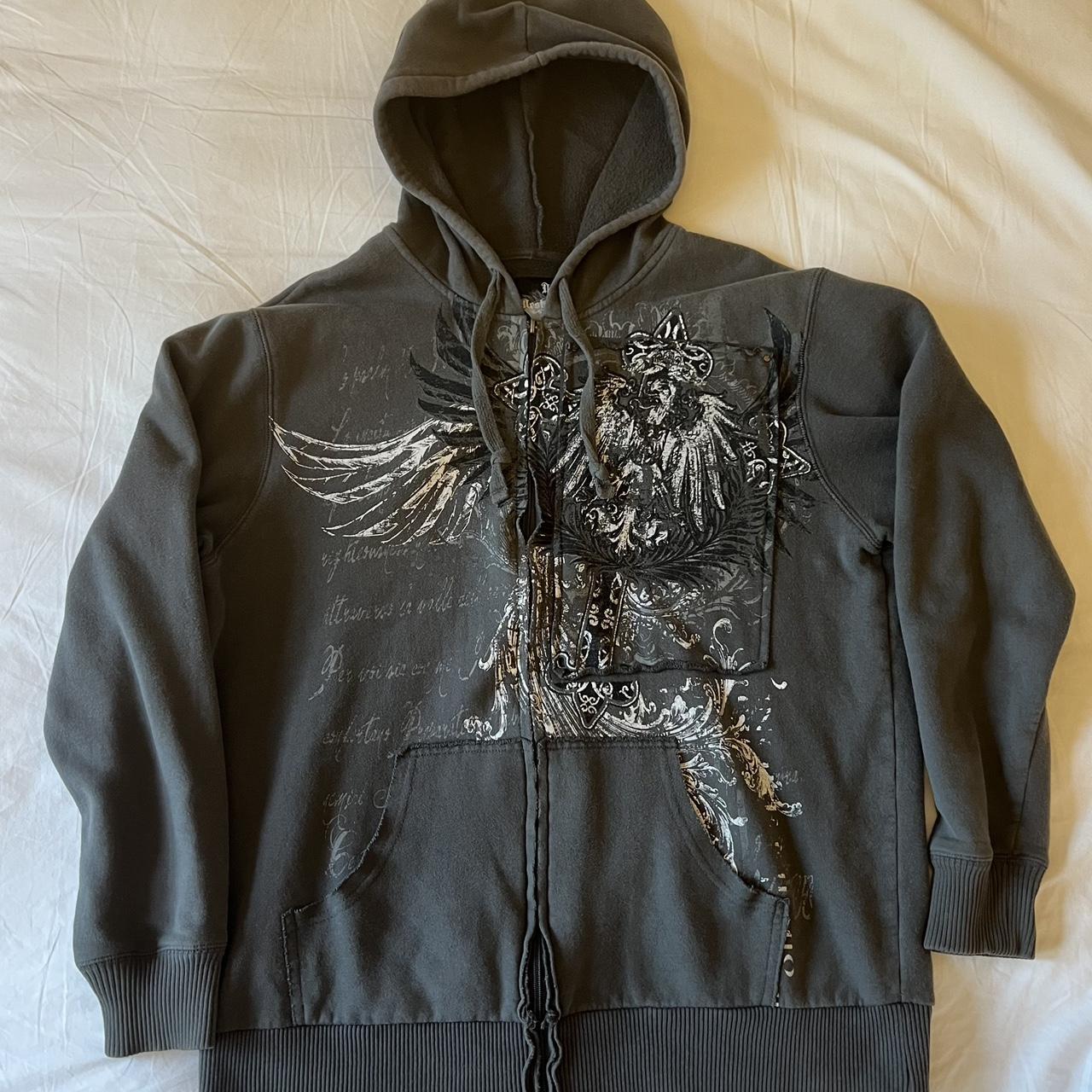 Affliction Men's Grey Hoodie | Depop