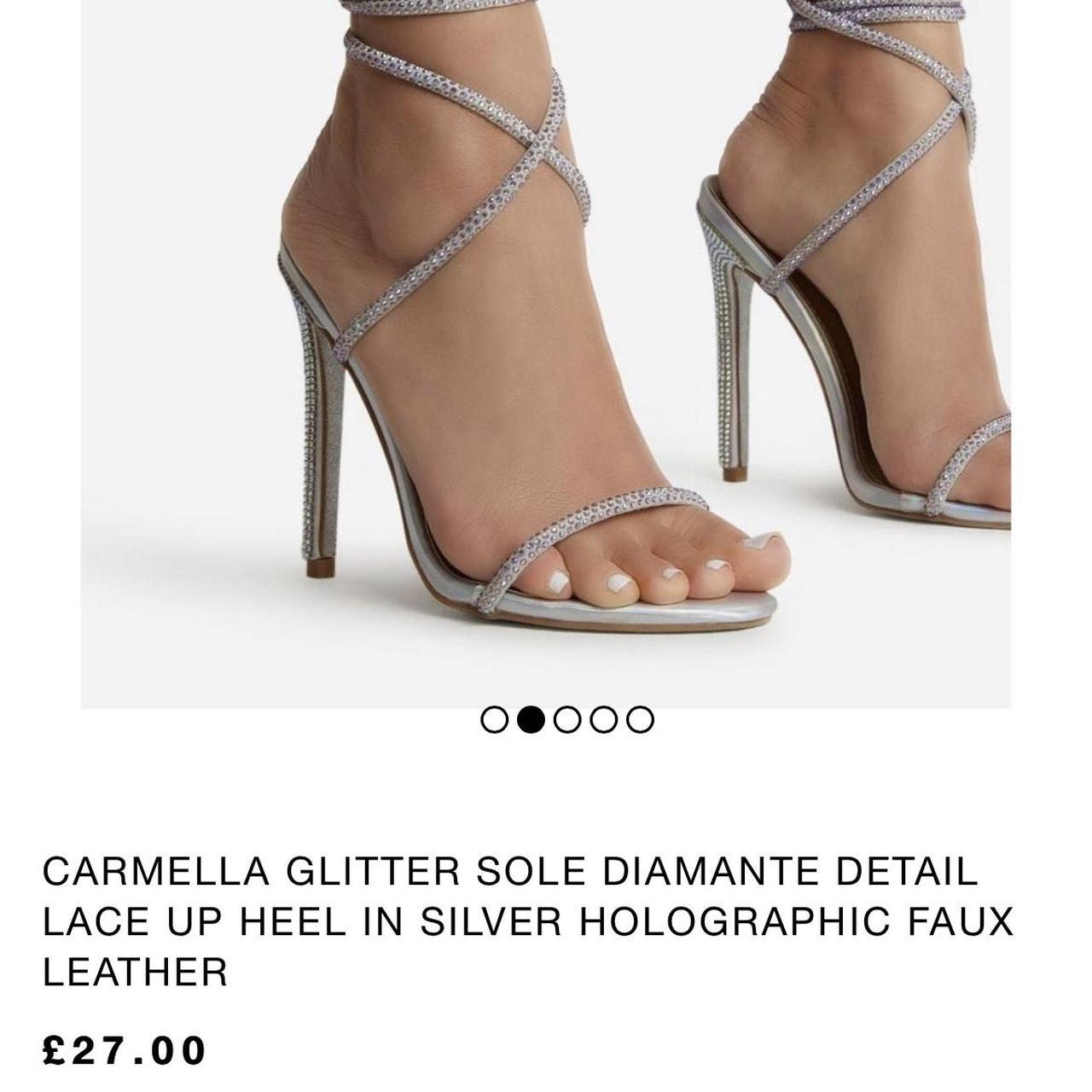 carmella glitter sole diamante detail lace up heel in silver holographic faux leather