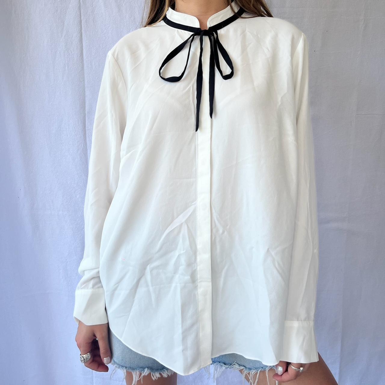 Zara White Peter Pan Collar Black good Gem Ribbon Blouse