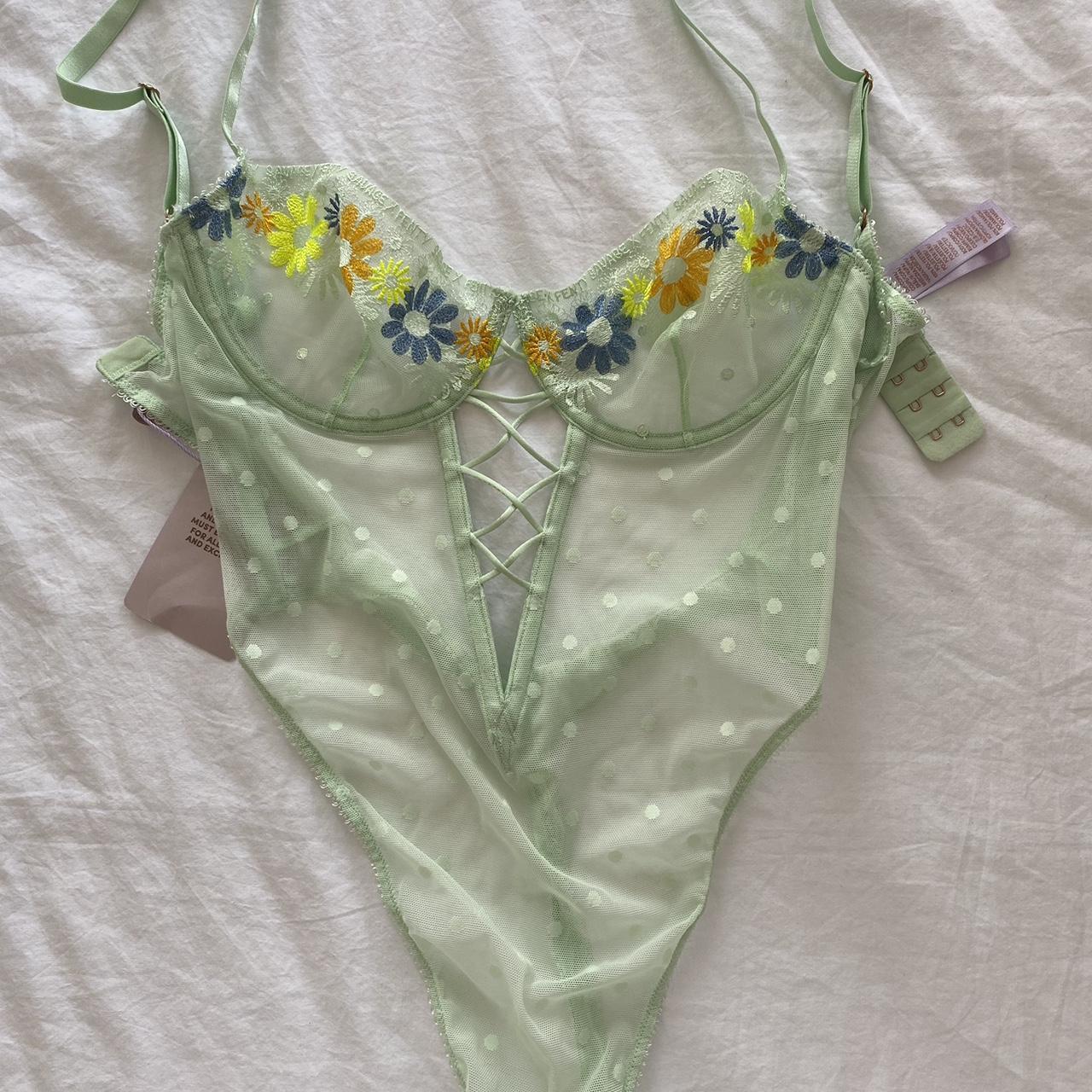 savage x fenty green flower and polka dot bodysuit... - Depop