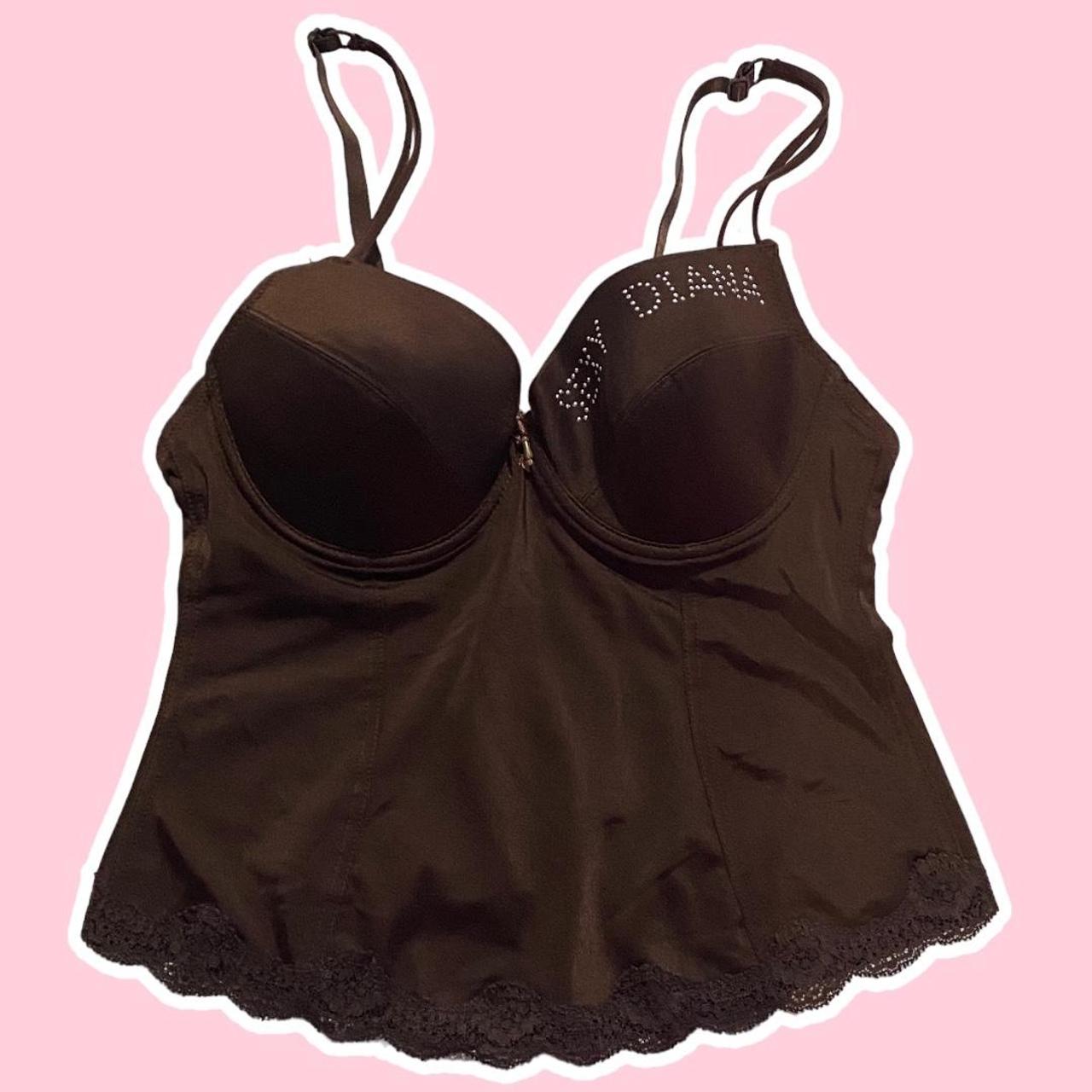 Y2K brown corset top with sequin ‘sexy Diana’ print... Depop