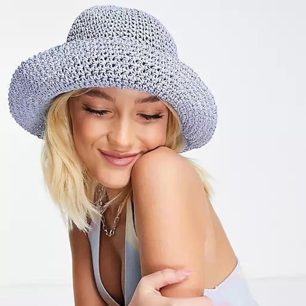 Blue crochet straw bucket hat ASOS one size Worn... Depop