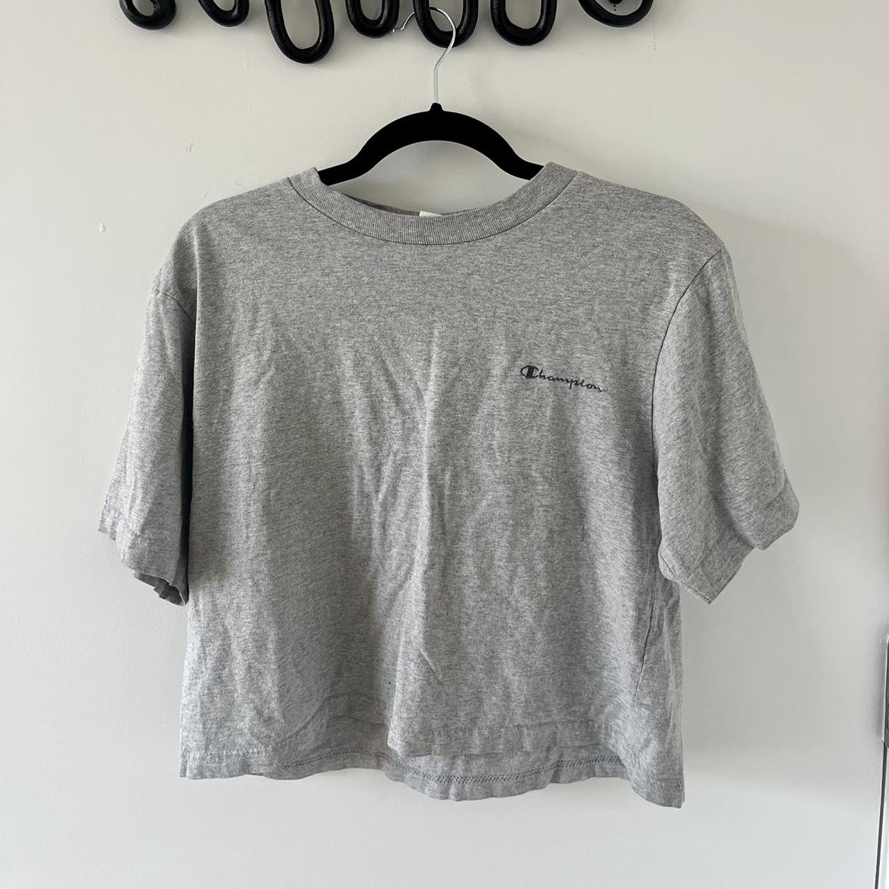 Women’s cropped vintage champion t shirt in grey... - Depop