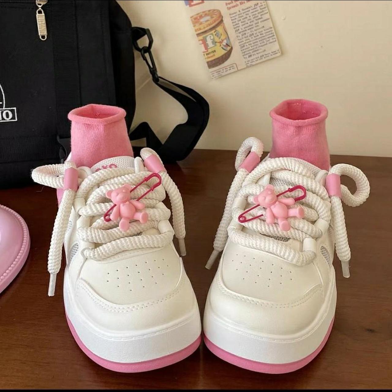 Super cute kawaii chunky pink and white dad trainers... - Depop