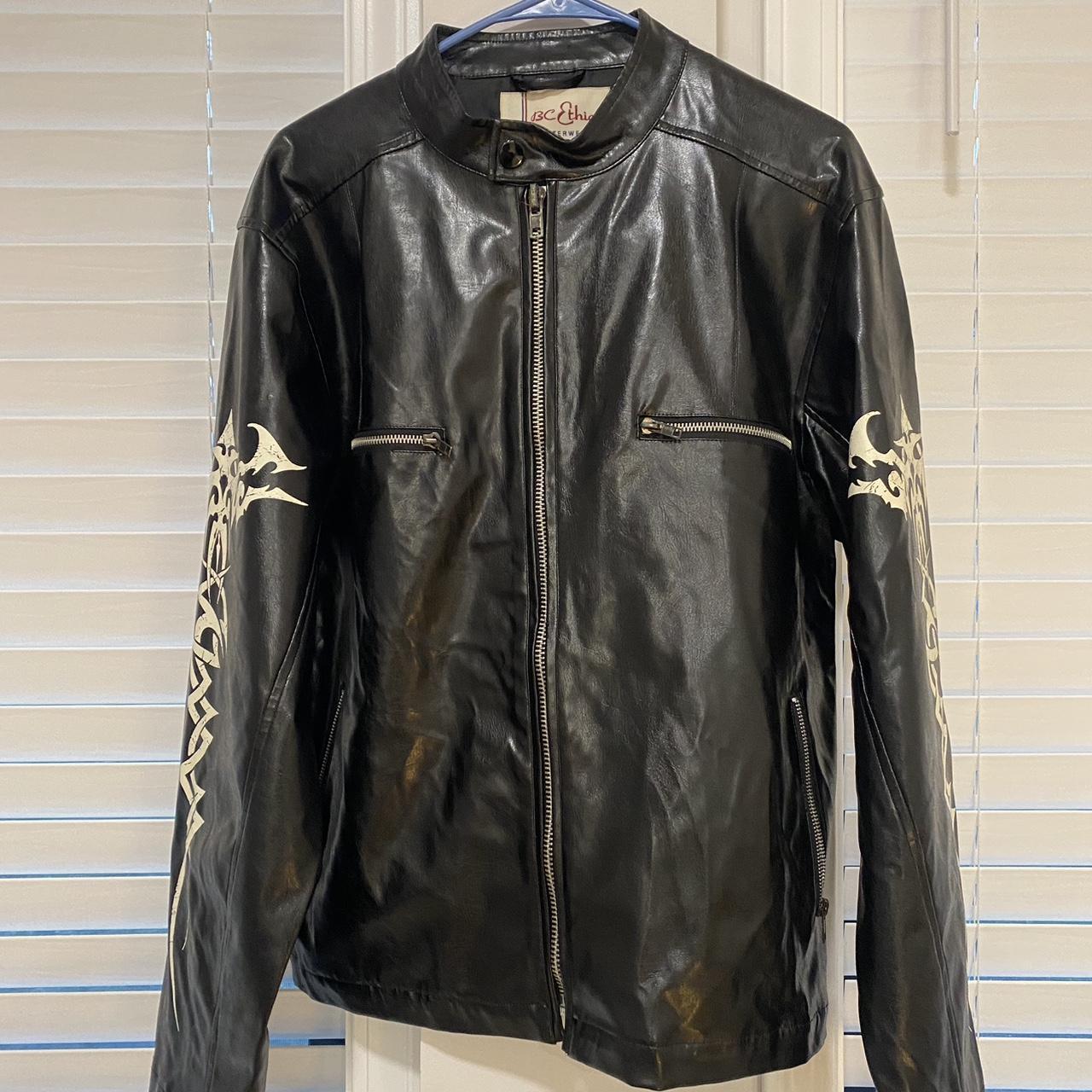 BC Ethic 90s vegan leather jacket, white detailing... - Depop