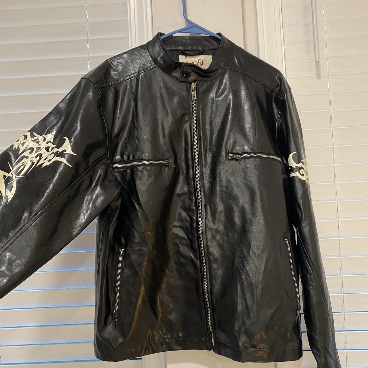 BC Ethic 90s vegan leather jacket, white detailing... - Depop