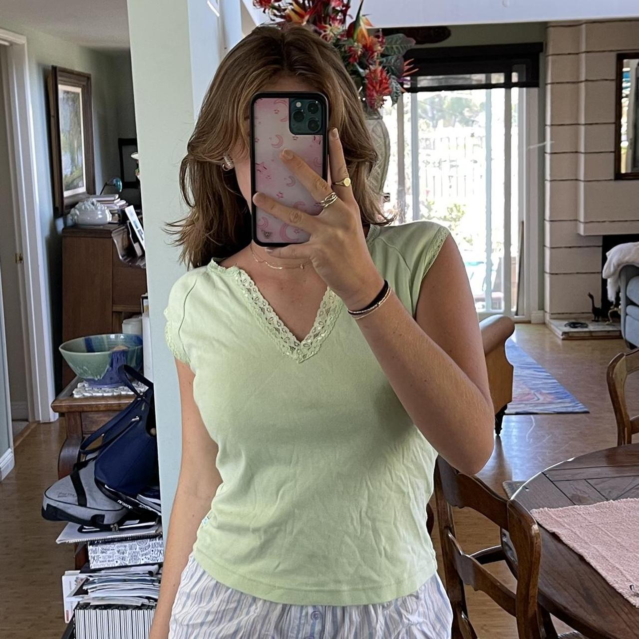 light green baby tee with lace neckline!! size - small - Depop
