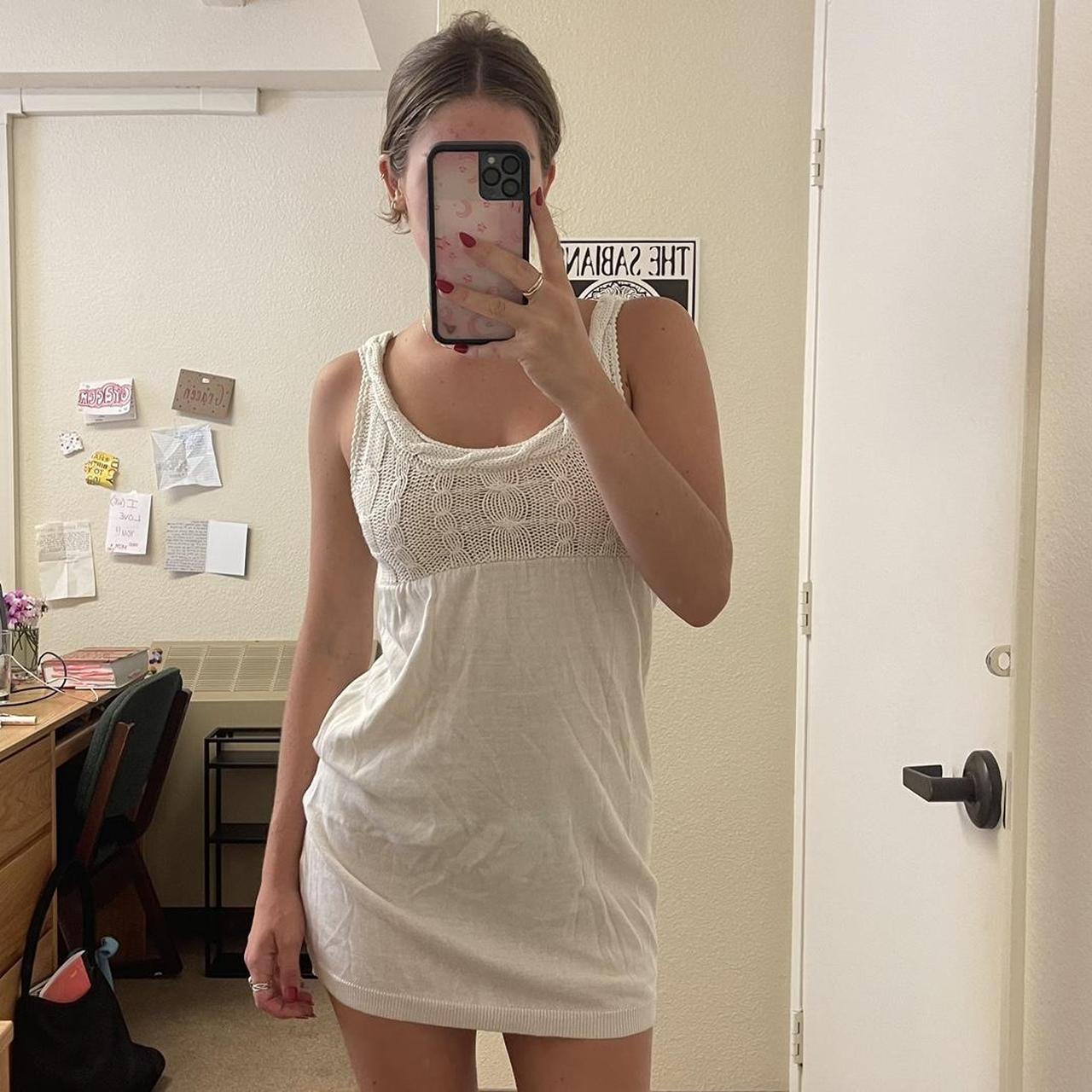 the white knit fitted mini dress perfect for a... - Depop