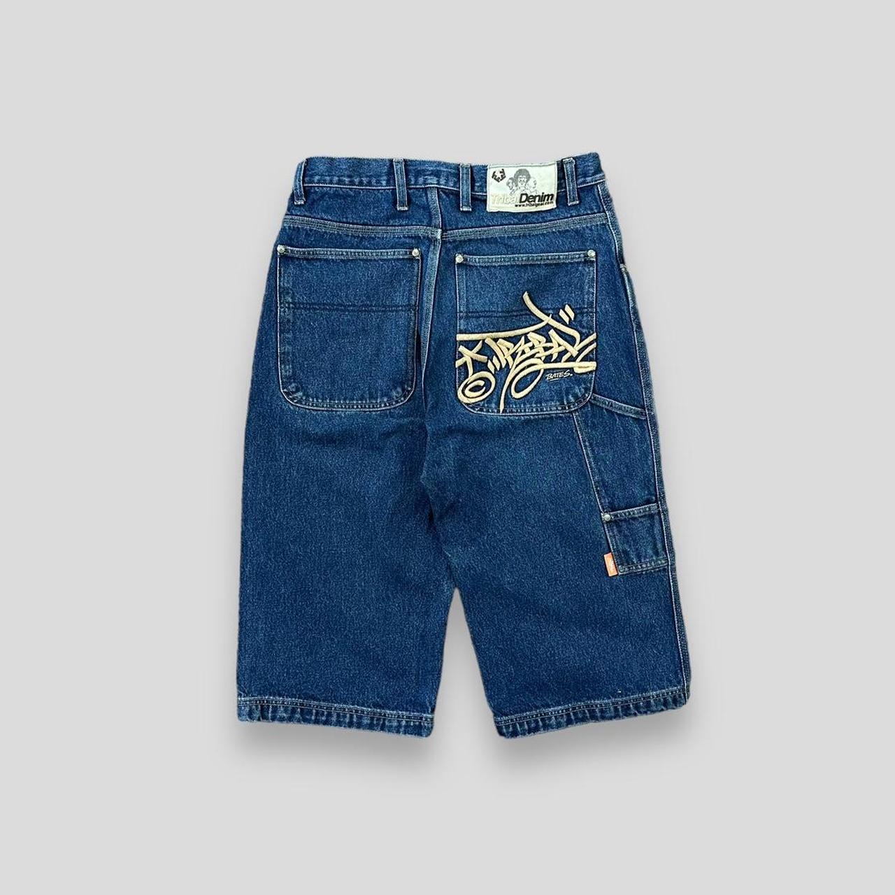 Vintage 90s Tribal Denim Hip Hop Baggy Jorts Shorts... - Depop