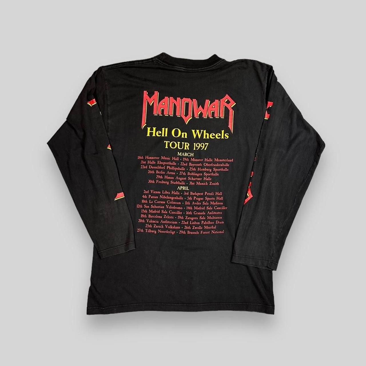 【当時もの】Manowarマノウォー 90s REDWOODタグ　ロンT XL Vintage 1997 Manowar Hell on Wheels Long Sleeve T | Depop
