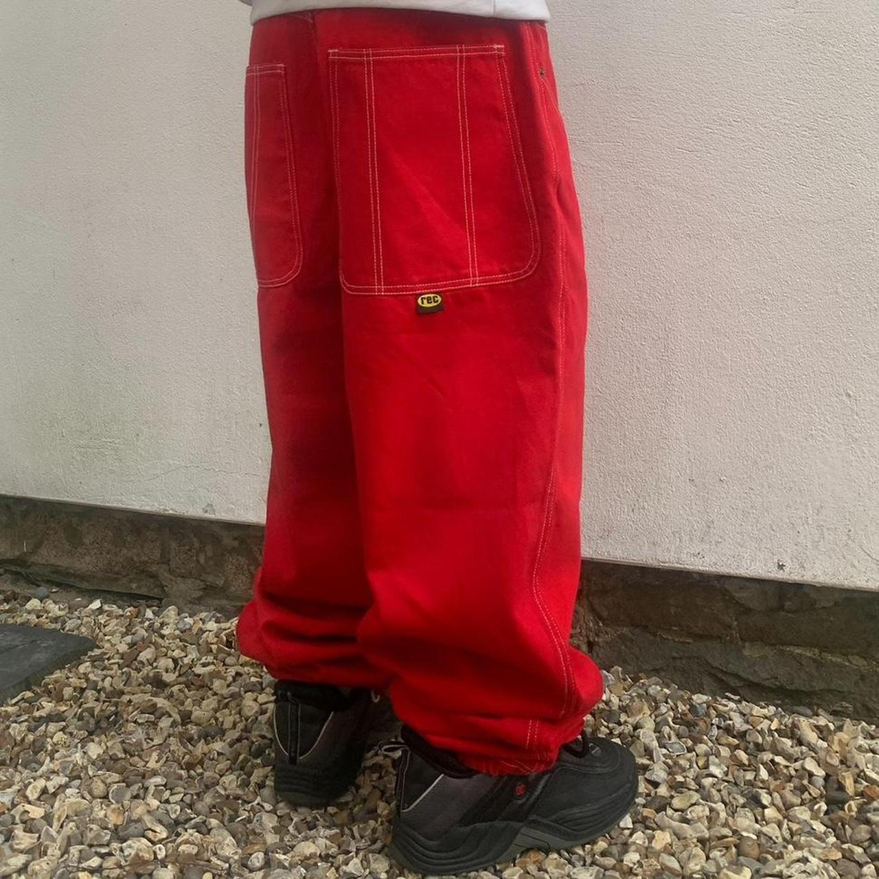 Hard red contrast stitch tapered baggy jeans by rec... - Depop