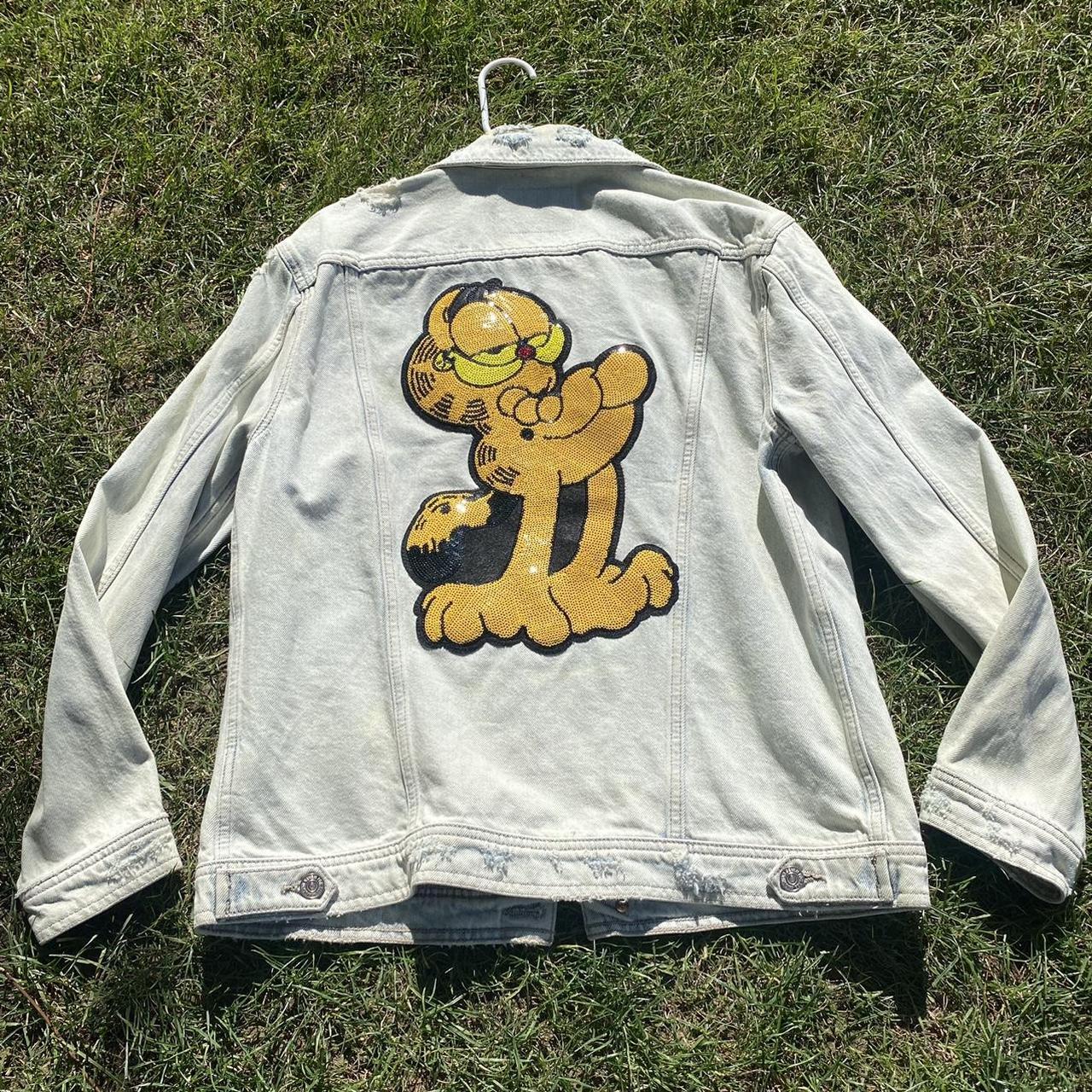 Handmade jean jacket featuring Garfield in sequins... - Depop