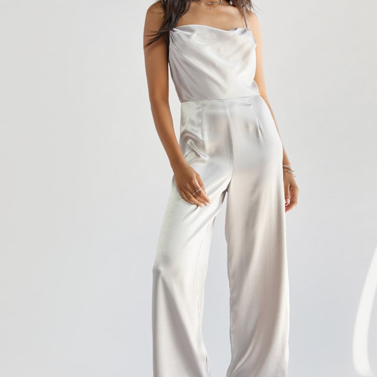 Francescas Ivory Alana Cowl Neck Satin Jumpsuit... Depop