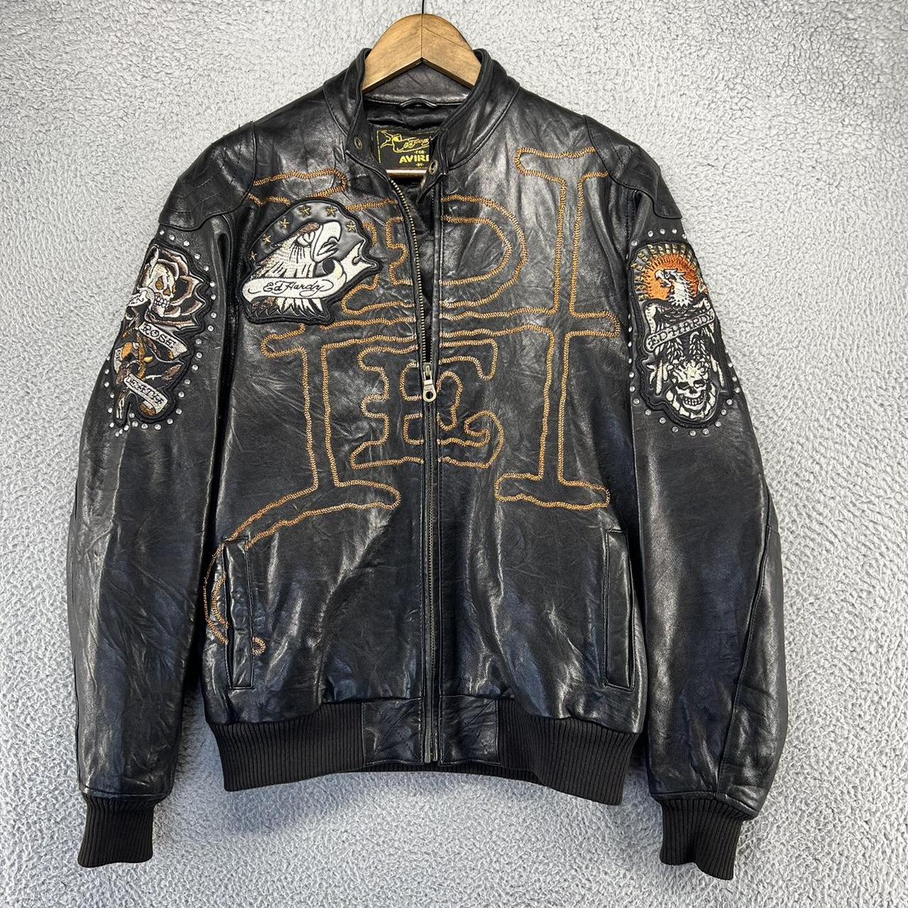 Vintage Ed hardy avirex leather jacket size medium... - Depop