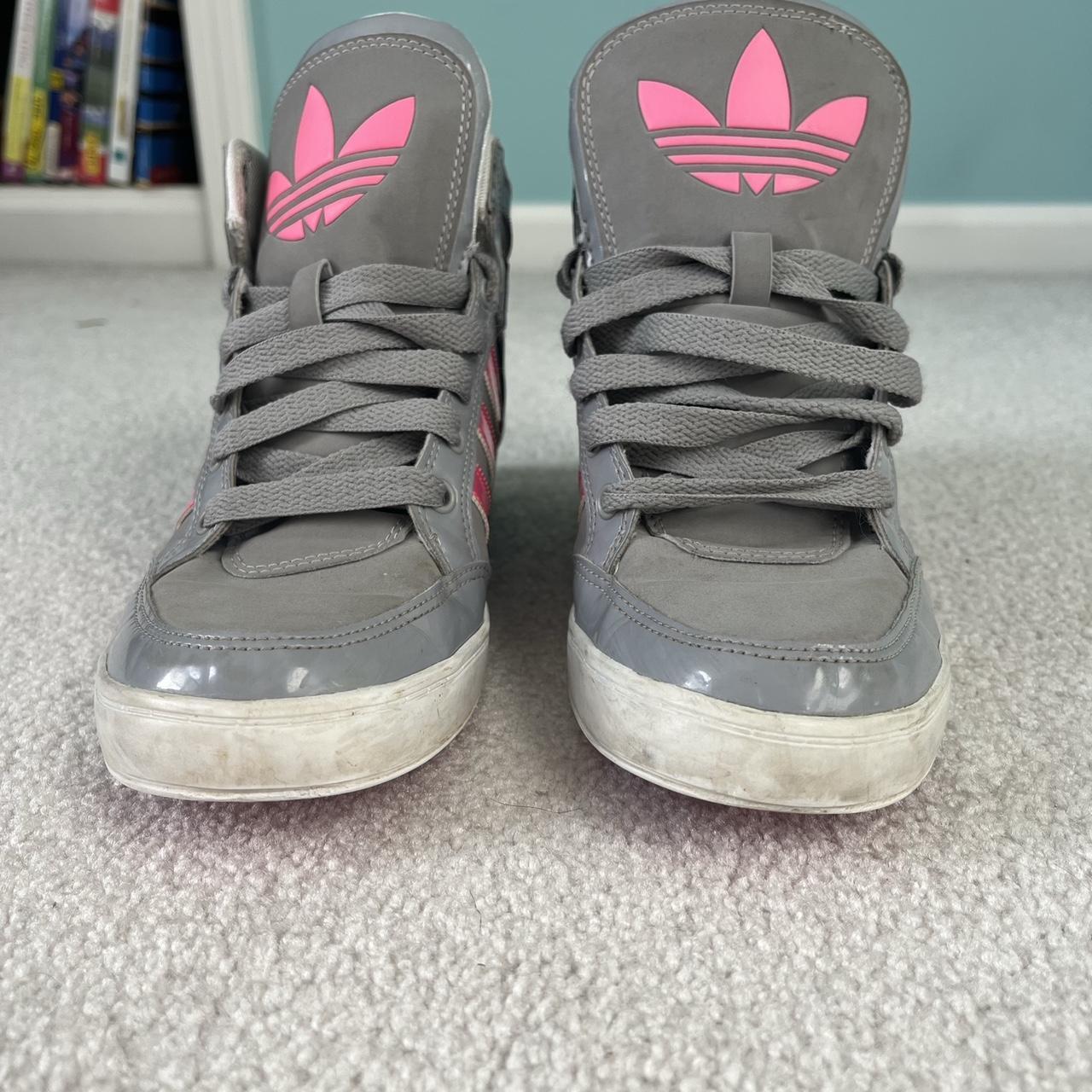 Pink and gray adidas hotsell high tops