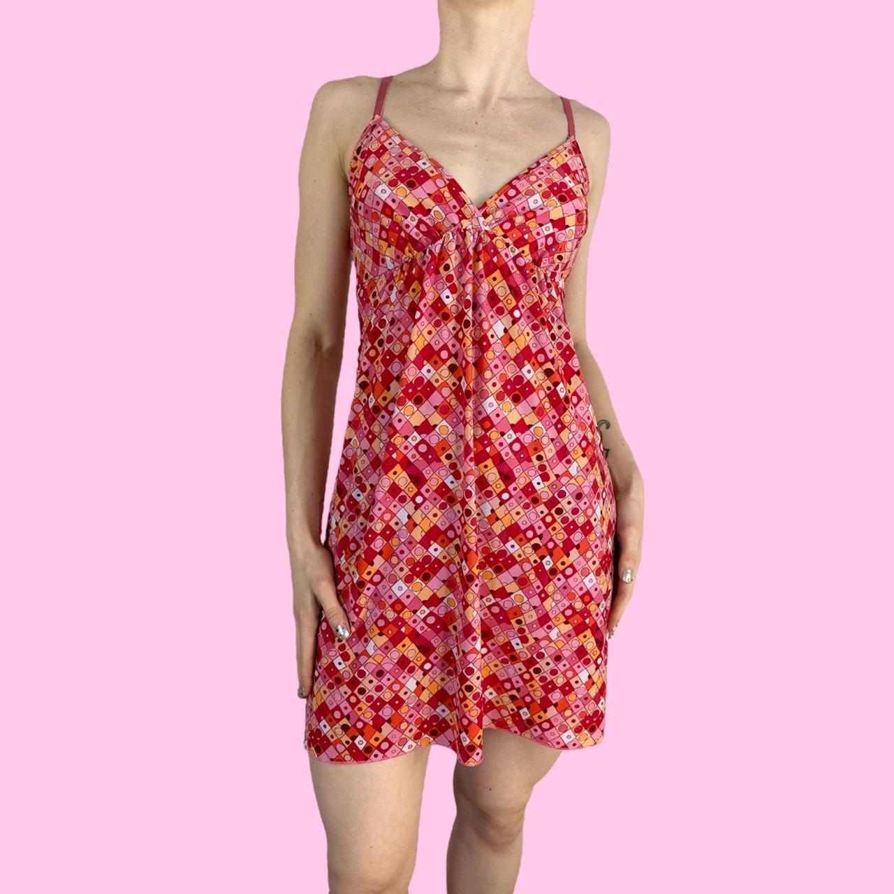 Y2K Pink Orange Geometric Preppy Mini Dress Has... Depop