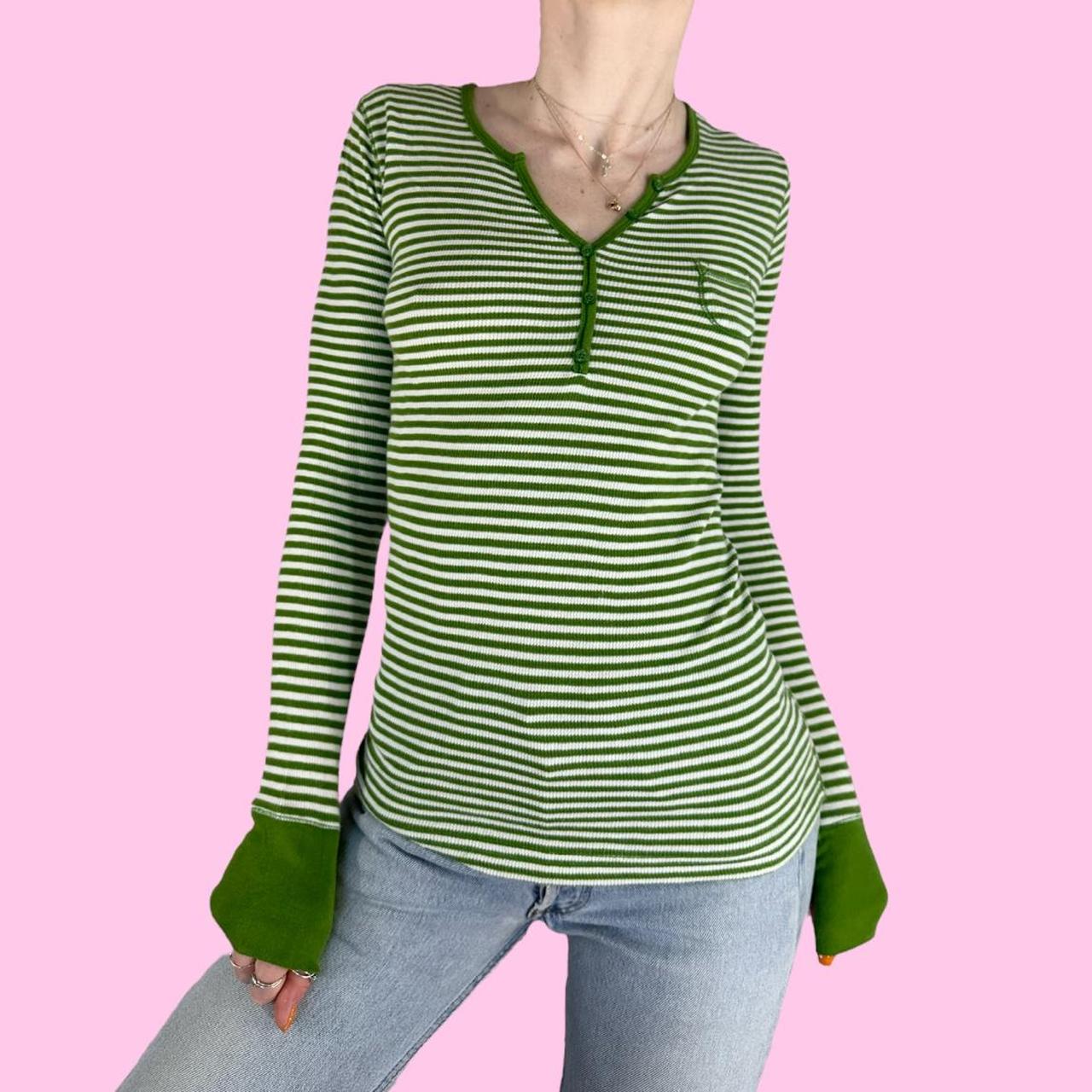 Y2K Green White Striped Fairy Grunge Henley Baby Tee... - Depop