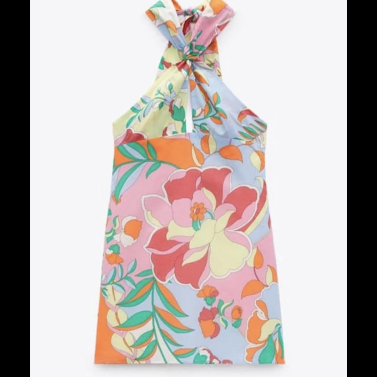 Zara orange and pink floral halter neck dress Worn... Depop