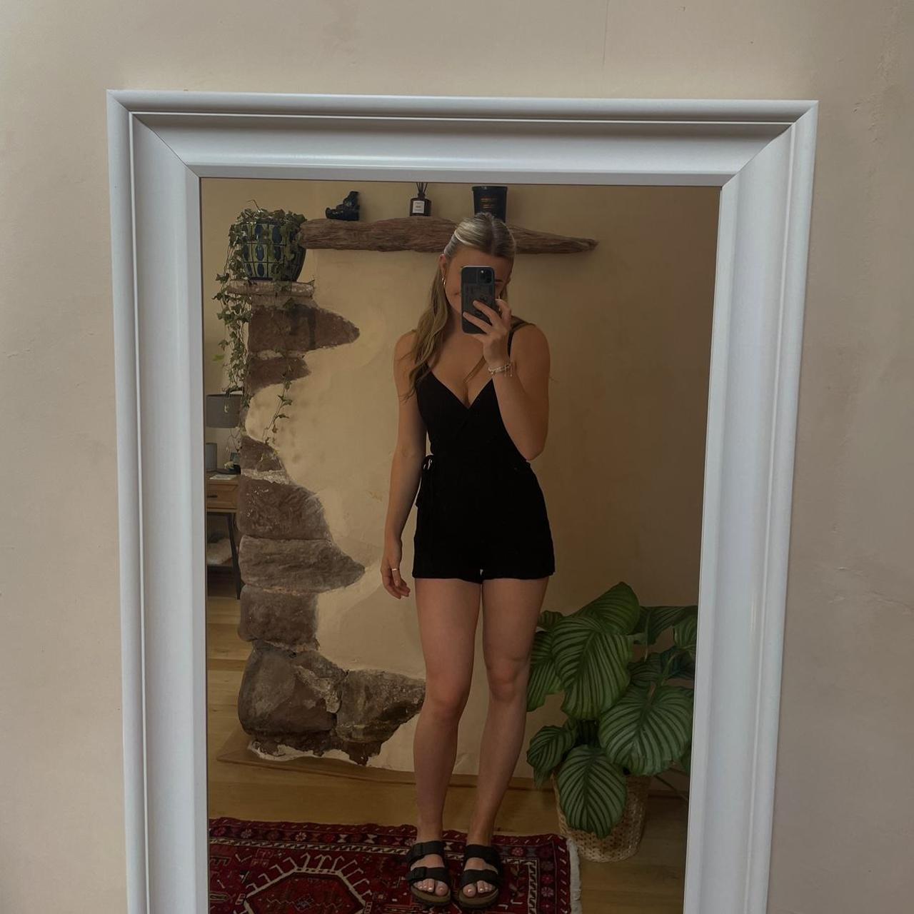 black linen asos playsuit worn once tie waist... - Depop