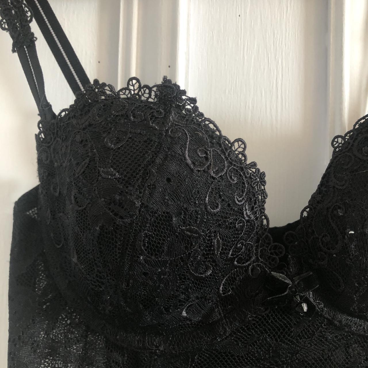 Vintage black lace corset top with eye hook back and... - Depop