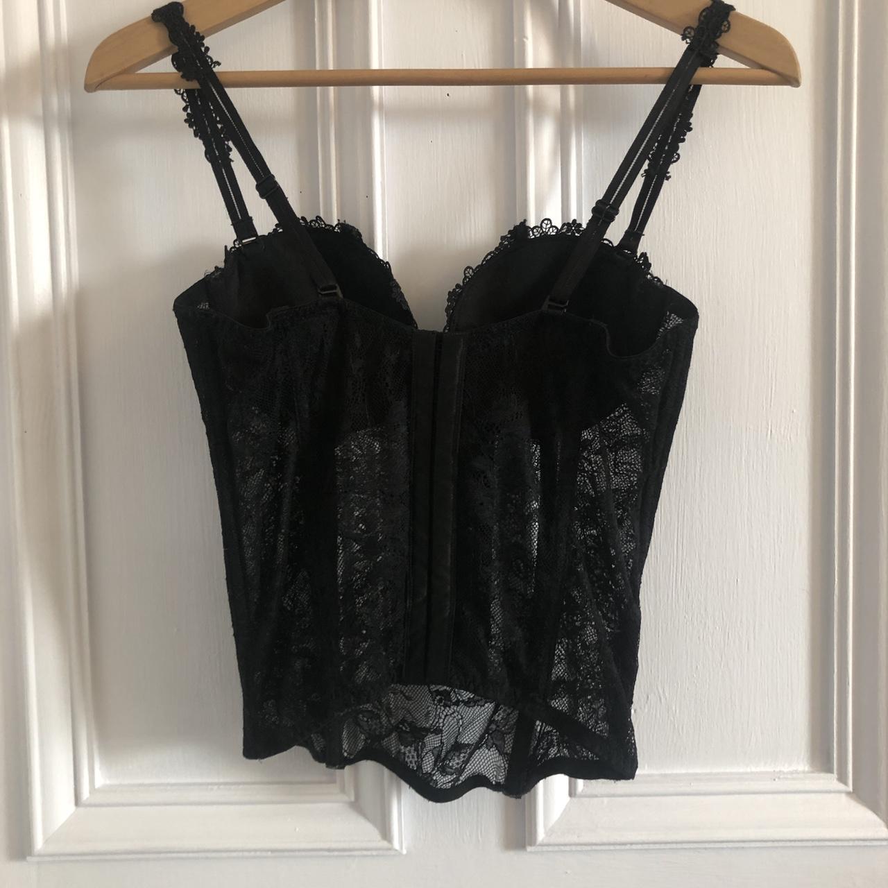 Vintage black lace corset top with eye hook back and... - Depop