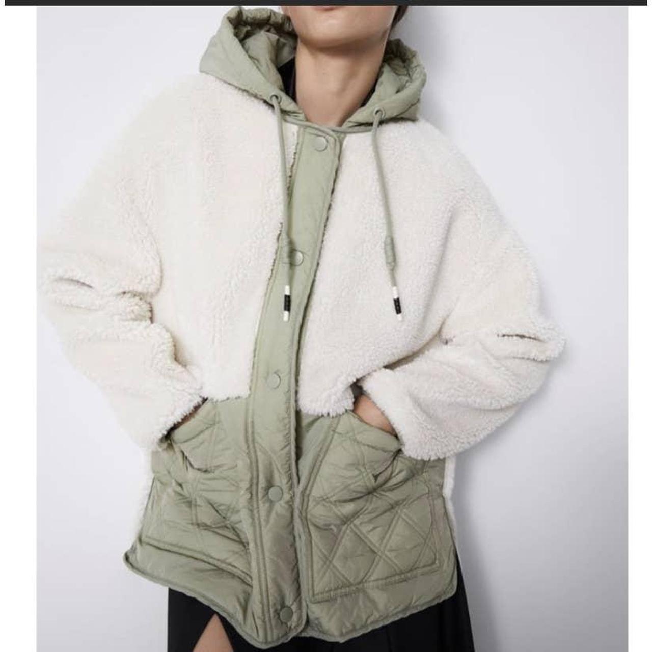 ZARA white Sherpa sage green jacket oversized hooded... - Depop