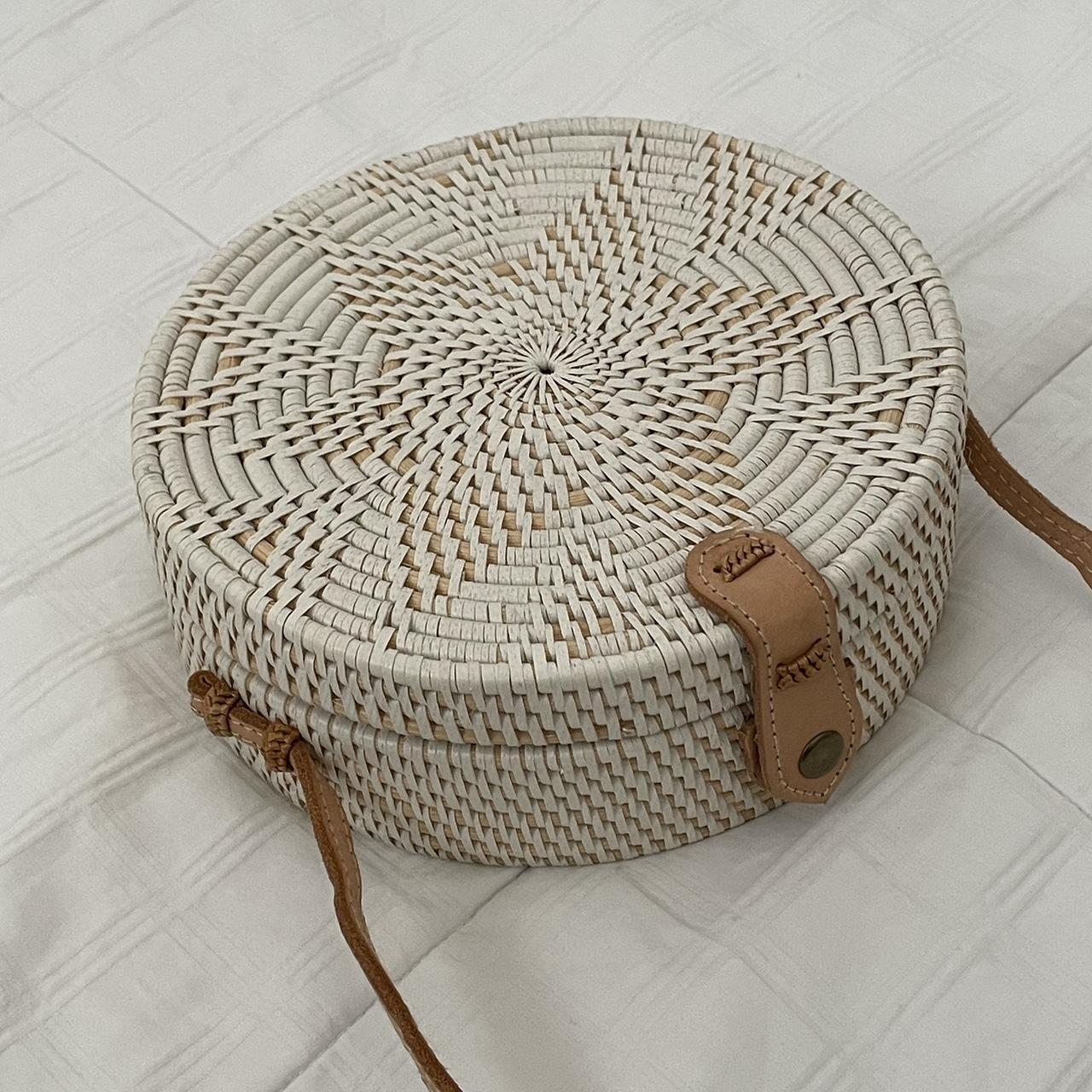 Tan round outlet woven purse