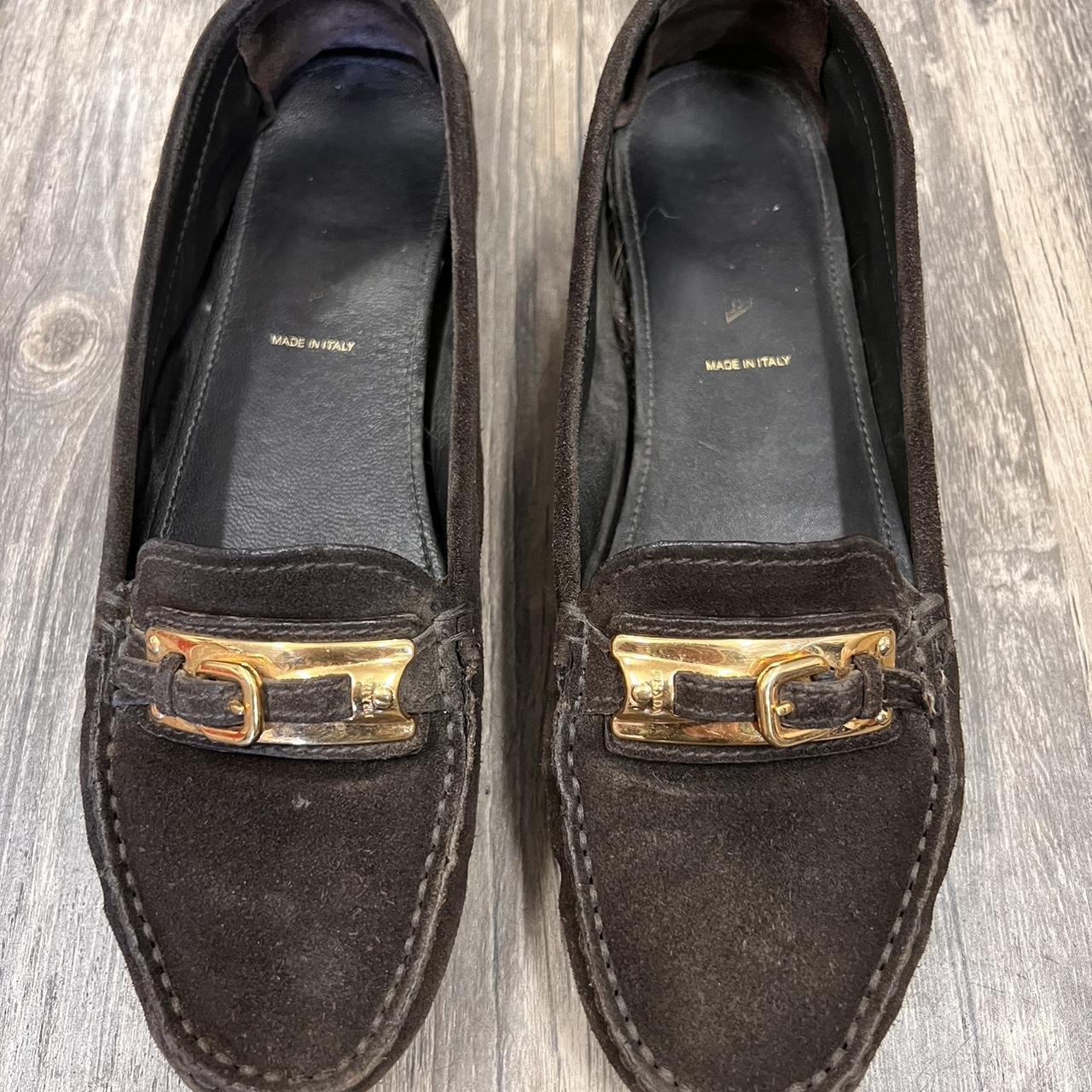 Prada Women's Brown and Gold Loafers | Depop