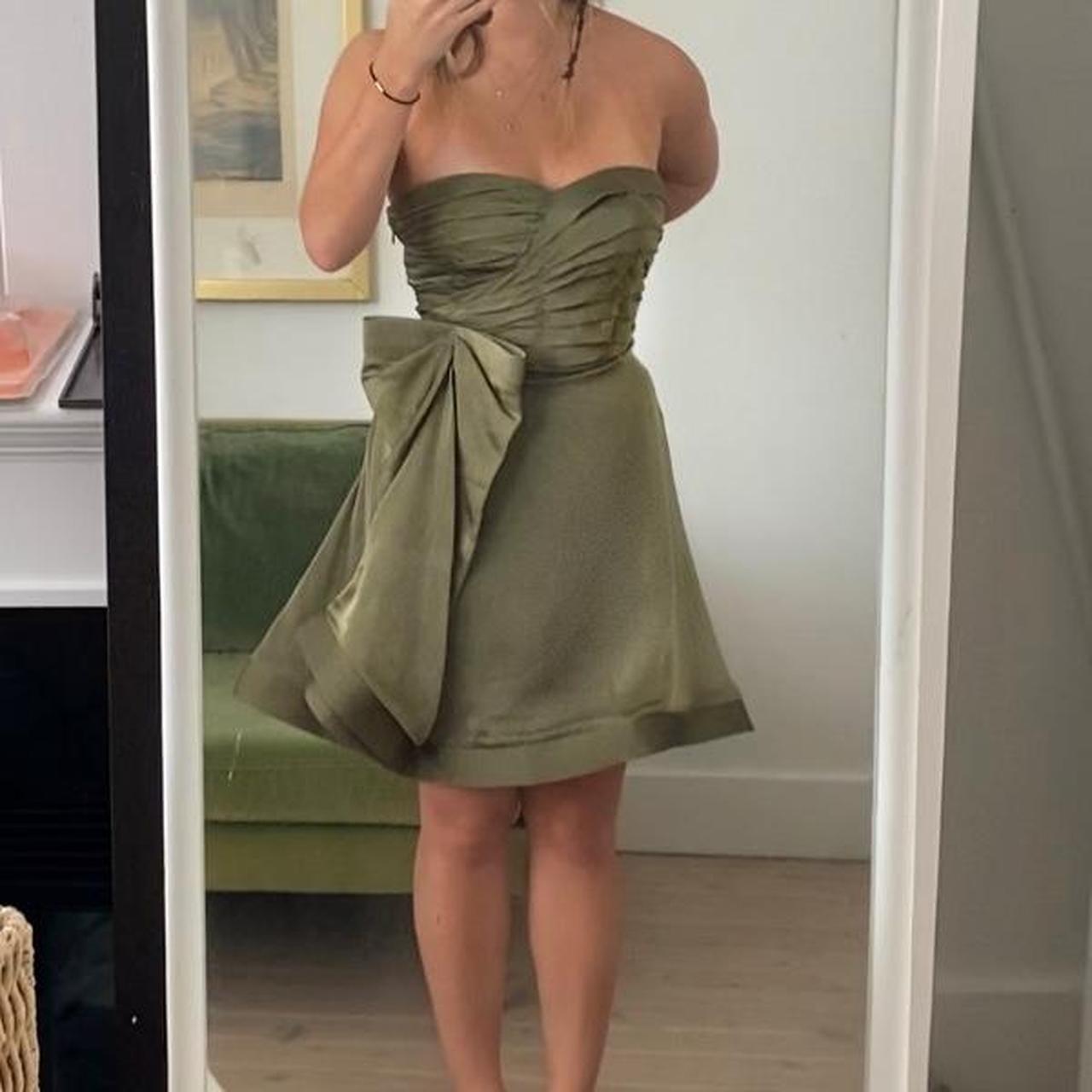 Olive green dress with structured bow and hem which... - Depop