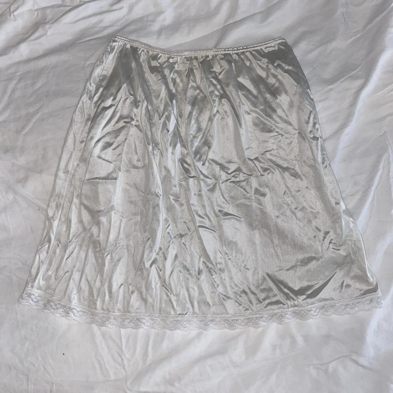 White satin slip mini skirt with elastic waist and... - Depop