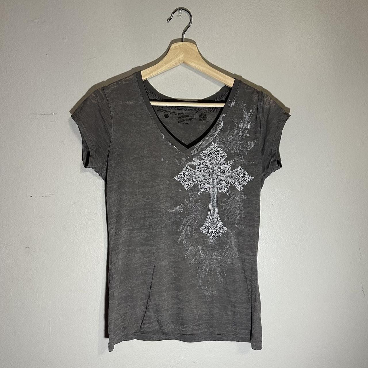 womens y2k affliction style cross baby tee cute... - Depop