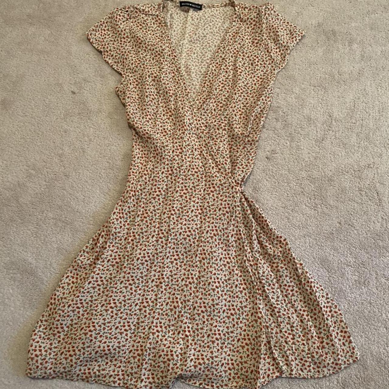 Brandy Melville Red and Cream Floral Wrap Dress,... Depop