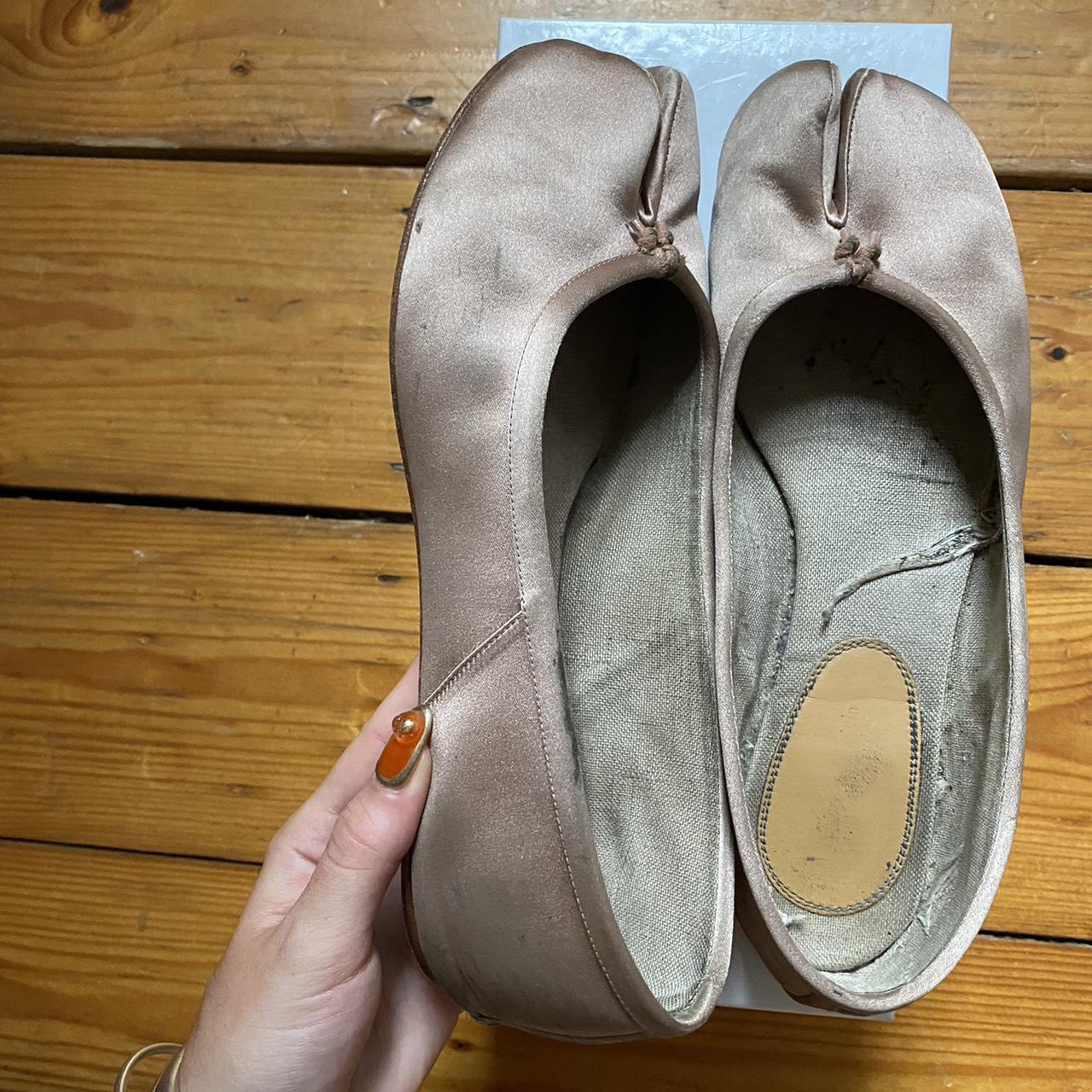 Margiela Tabi ballet flats in pink satin. Worn but... - Depop