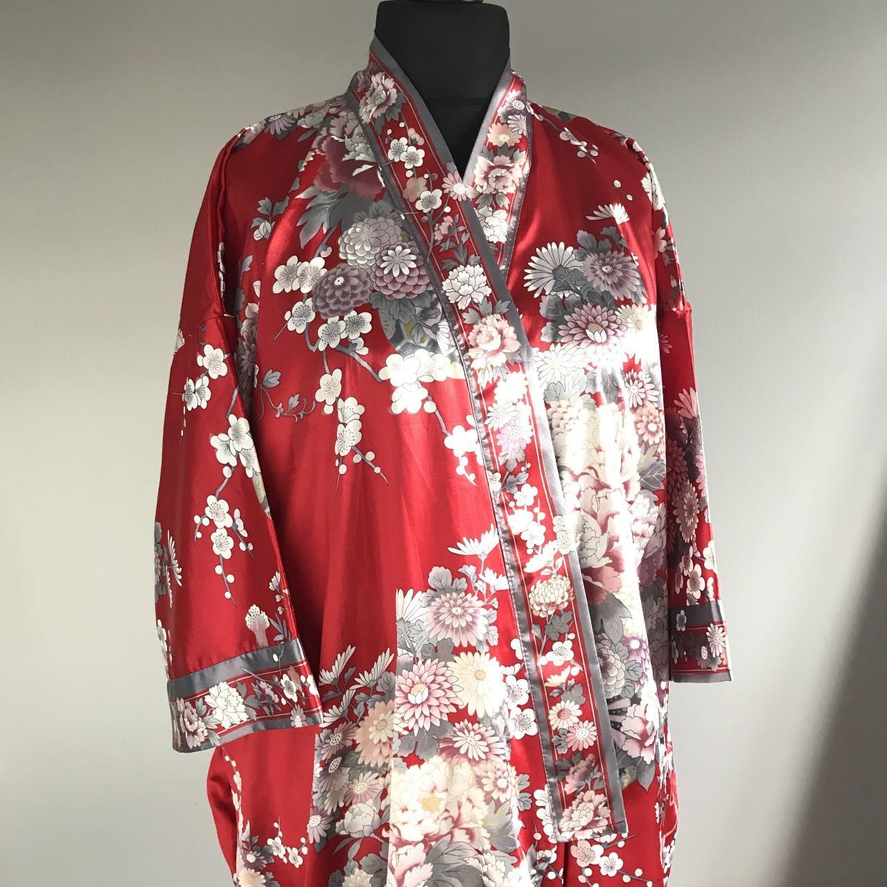 Women's red duchess satin Kimono style robe in a... Depop