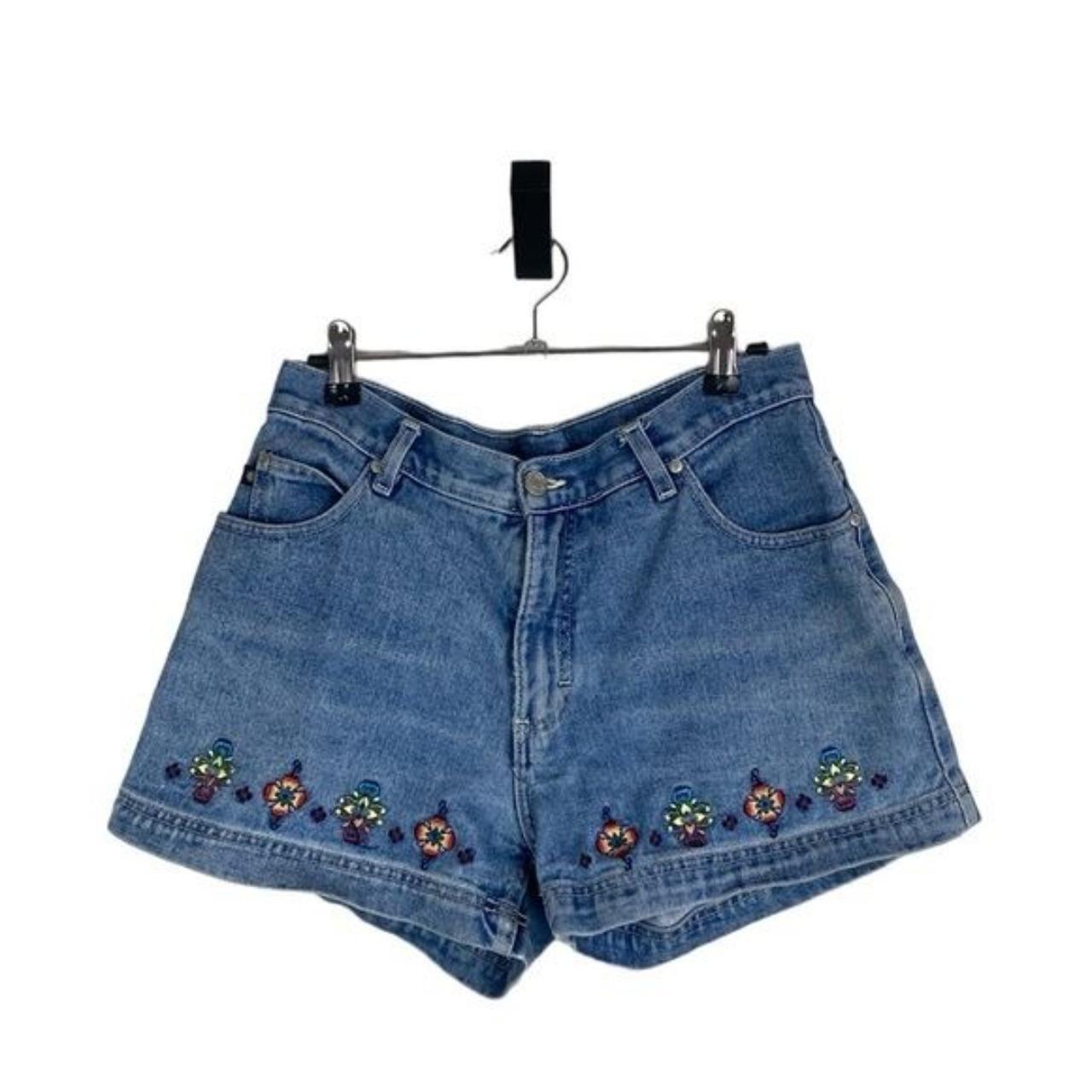 Vintage 1990s y2k denim overall shorts 2024 with floral embroidery