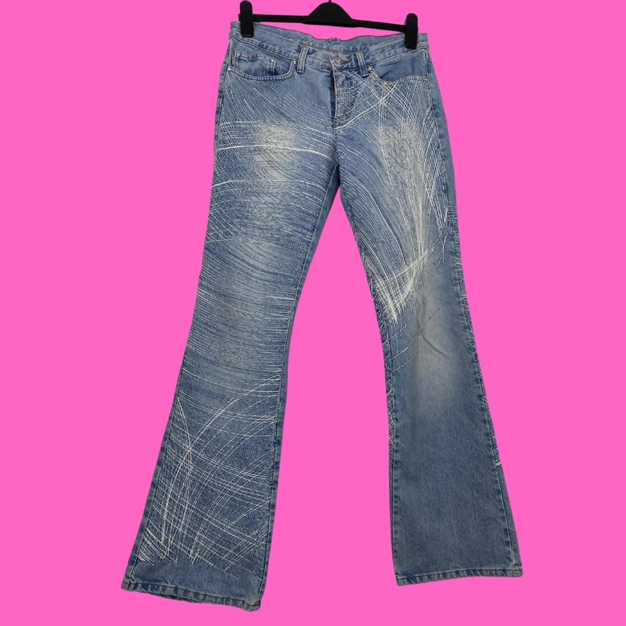 Y2K blue flared jeans with white abstract scratch... - Depop