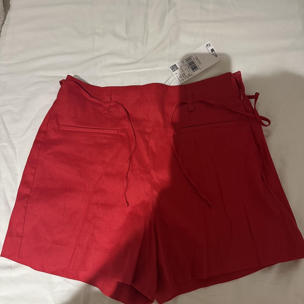 Mango red linen shorts with belt tie Depop