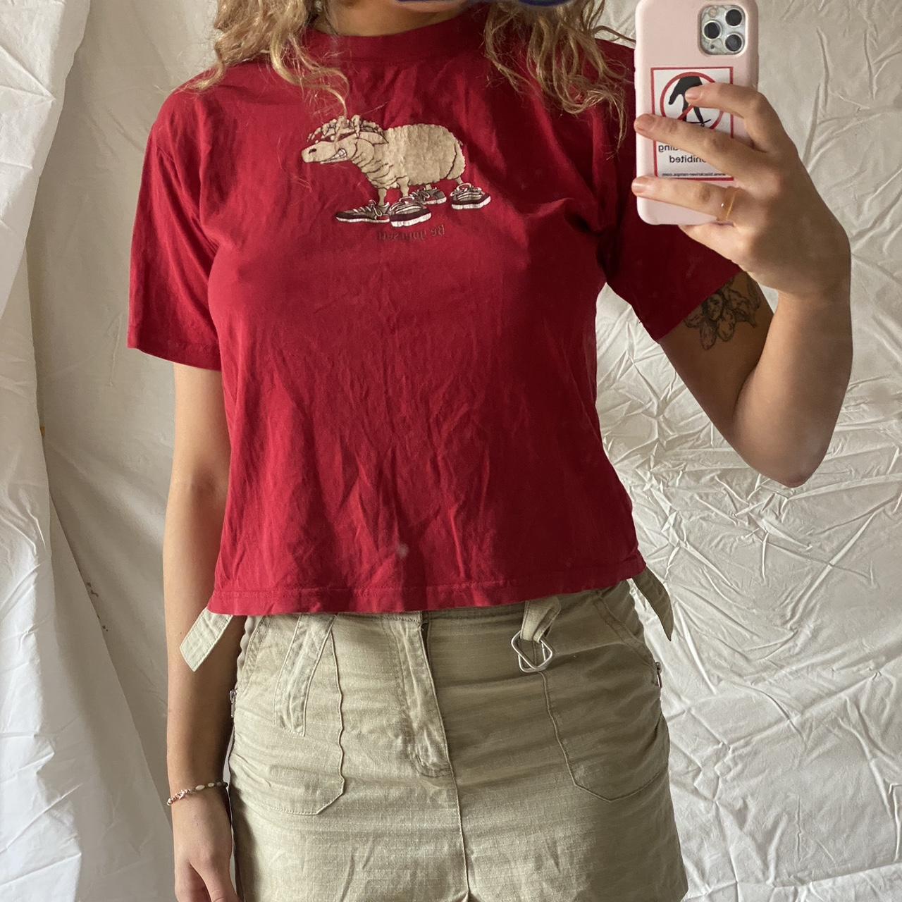 global culture red baby-tee! it says “be yourself”... - Depop