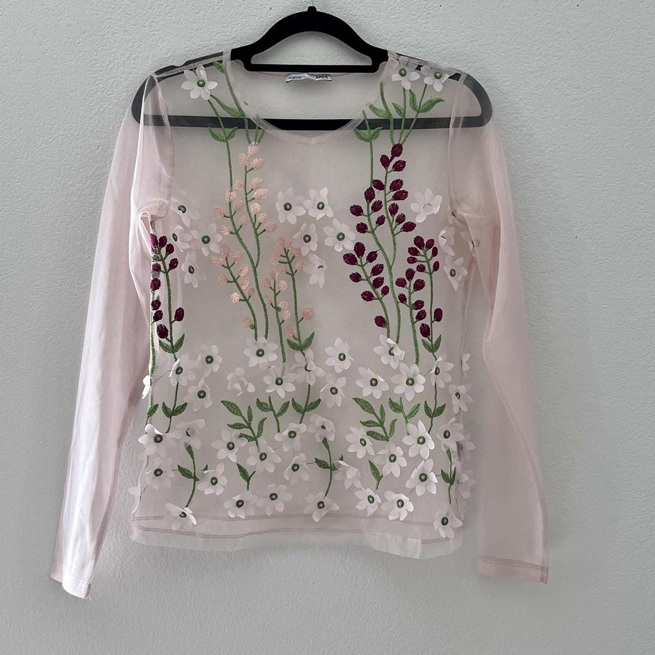 Long sleeved sheer pink top with flowers embroidered... Depop