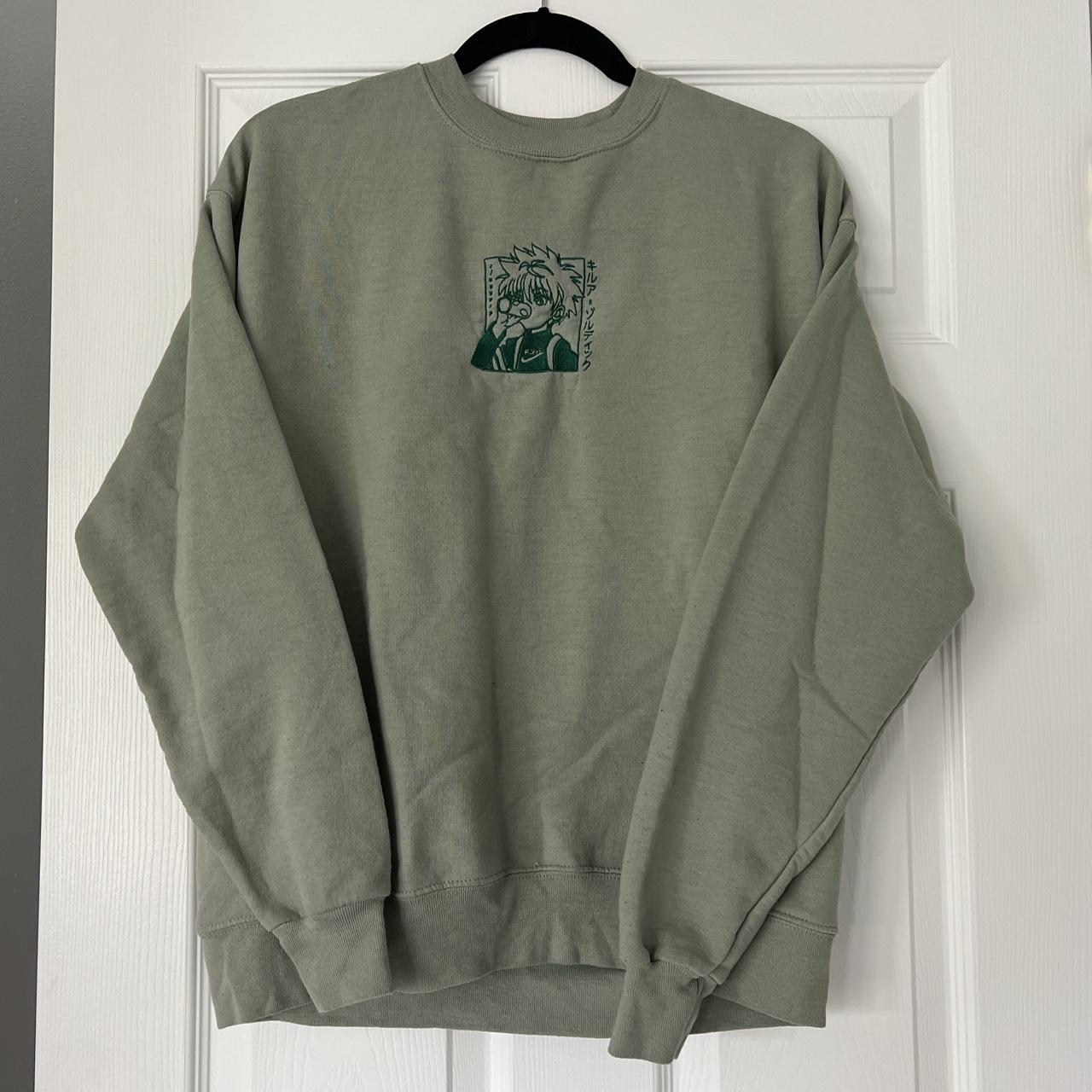 Embroidered Killua Sage green sweatshirt (Hanes)... Depop
