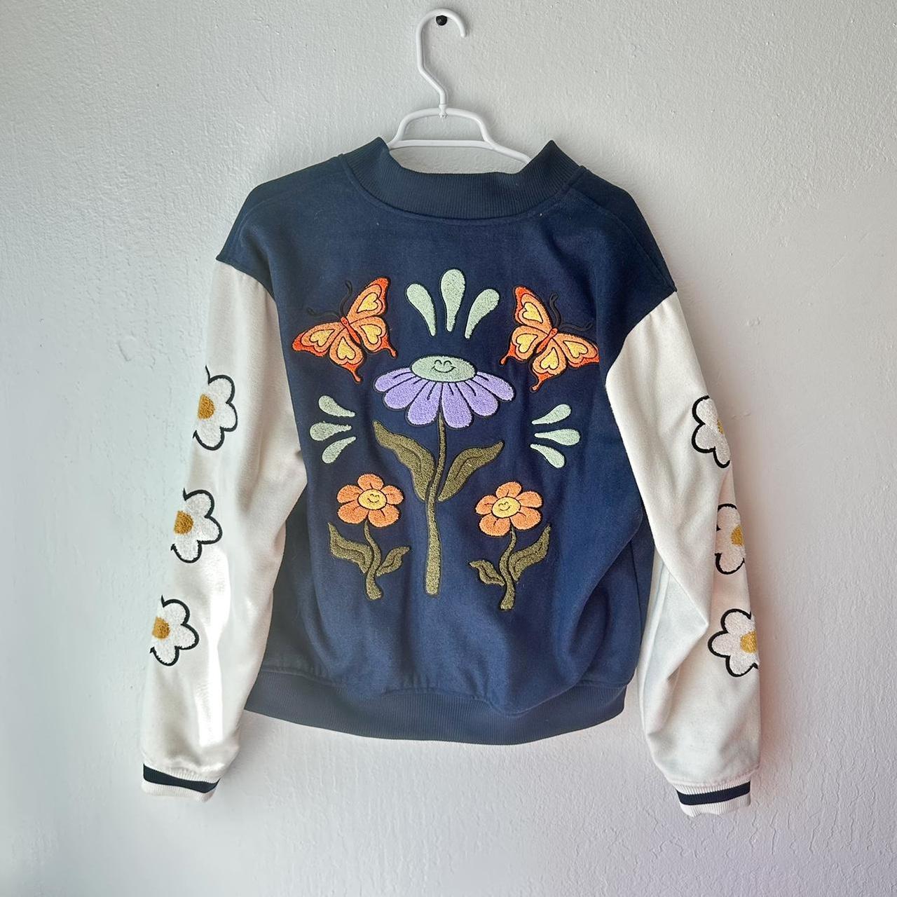 PacSun Flower Embroidered Navy Varsity Jacket!
