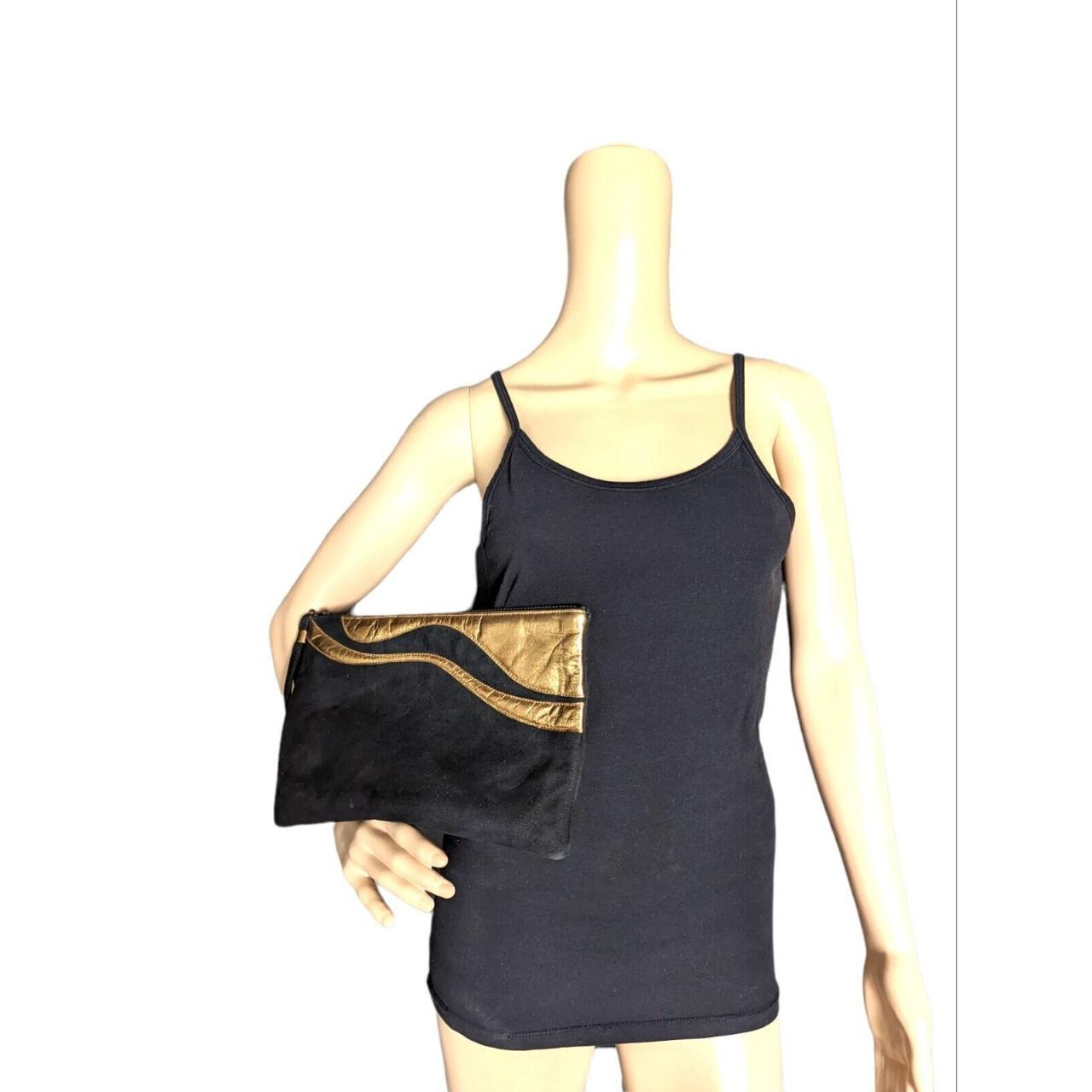 Vintage 80s Ruth Saltz Black & Gold Suede Leather Zippered Clutch Wristlet Purse cheapest