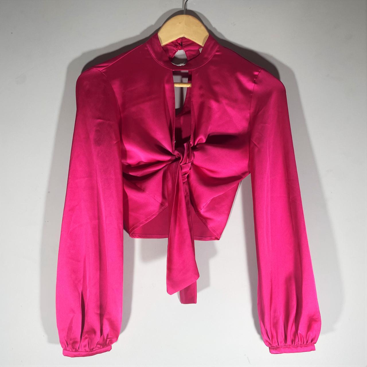 Pink cutout satin tie blouse with balloon... - Depop