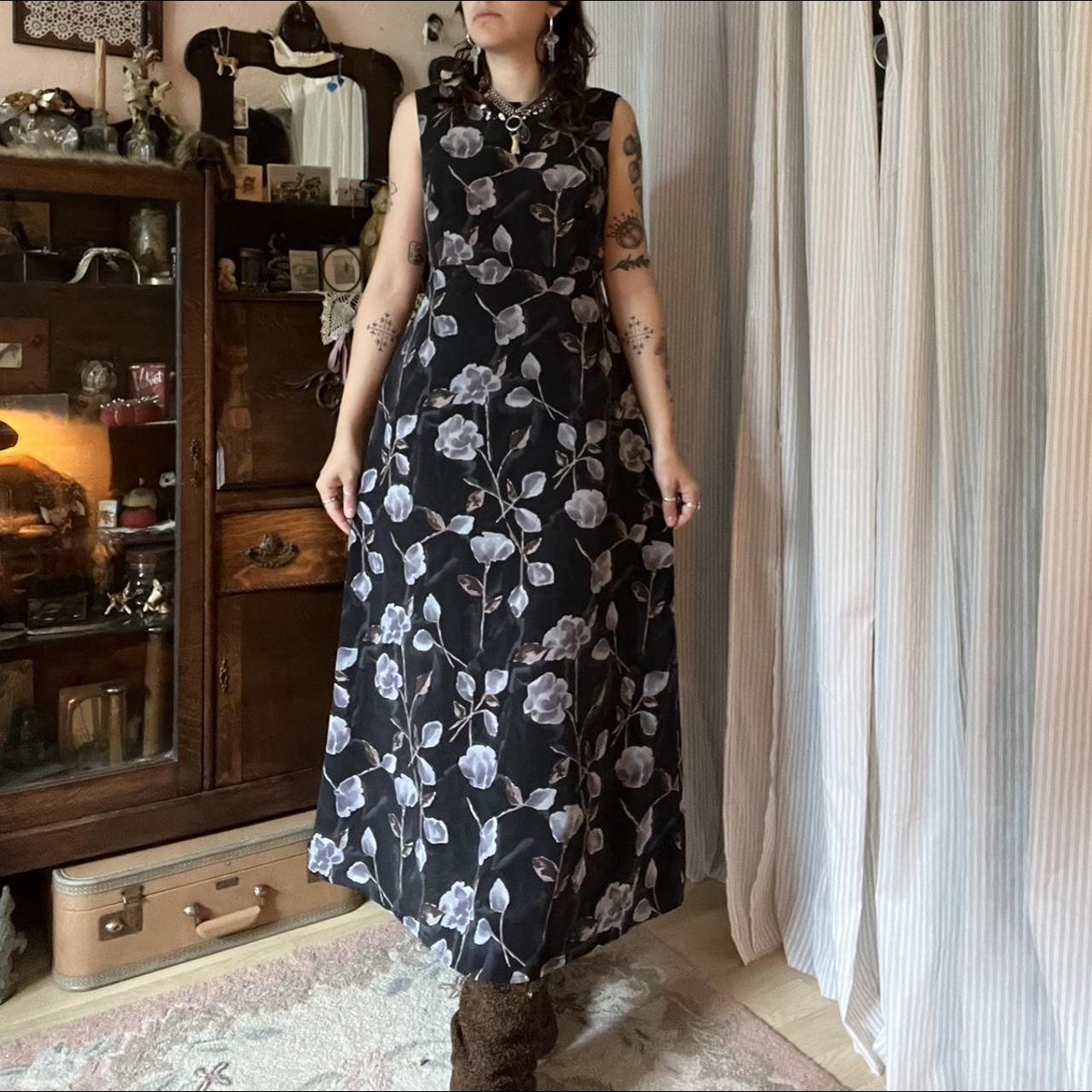 Vintage 90s Black Floral Maxi Dress. Has Ties On The... - Depop