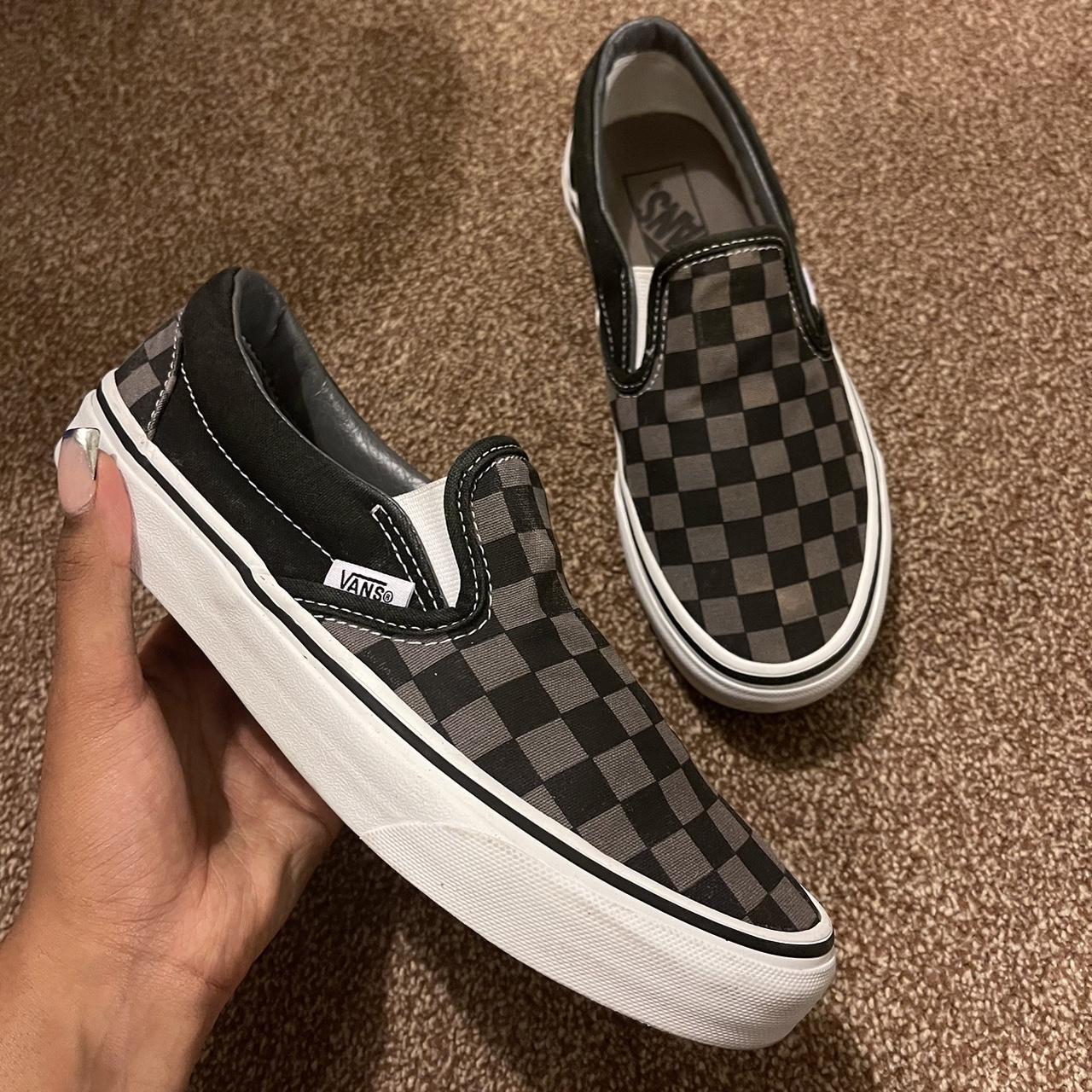 Vans black and grey checkerboard slip-ons Slight... - Depop